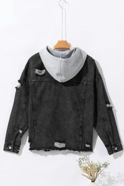 Fashion Dear-Lover Drawstring Hooded Frayed Denim Jacket Black