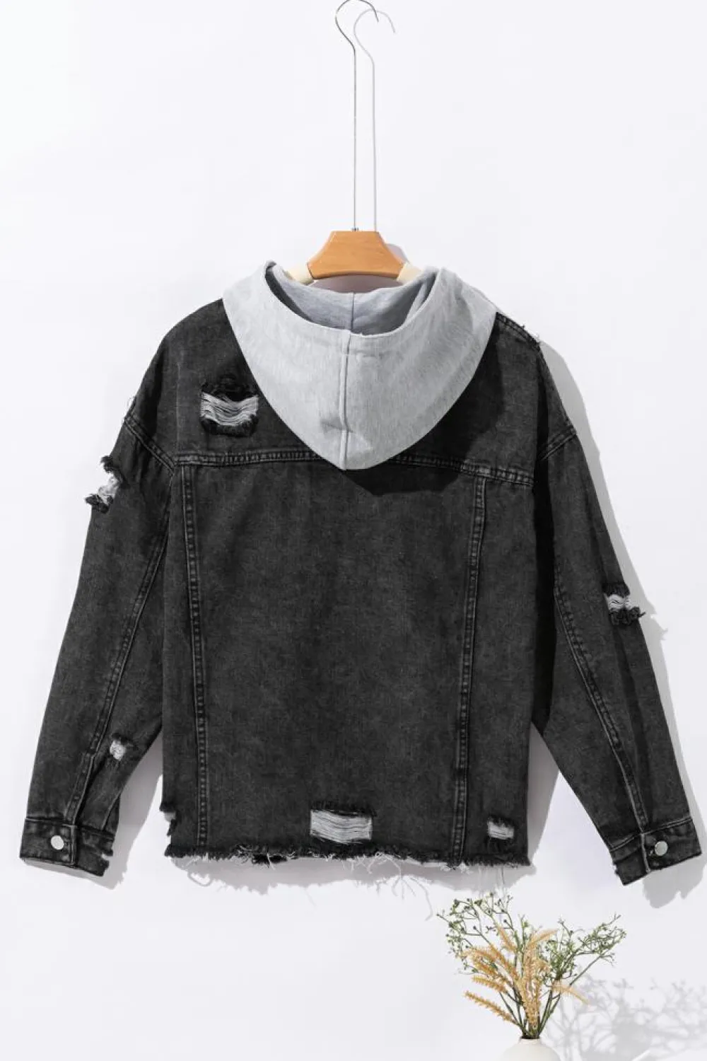 Fashion Dear-Lover Drawstring Hooded Frayed Denim Jacket Black