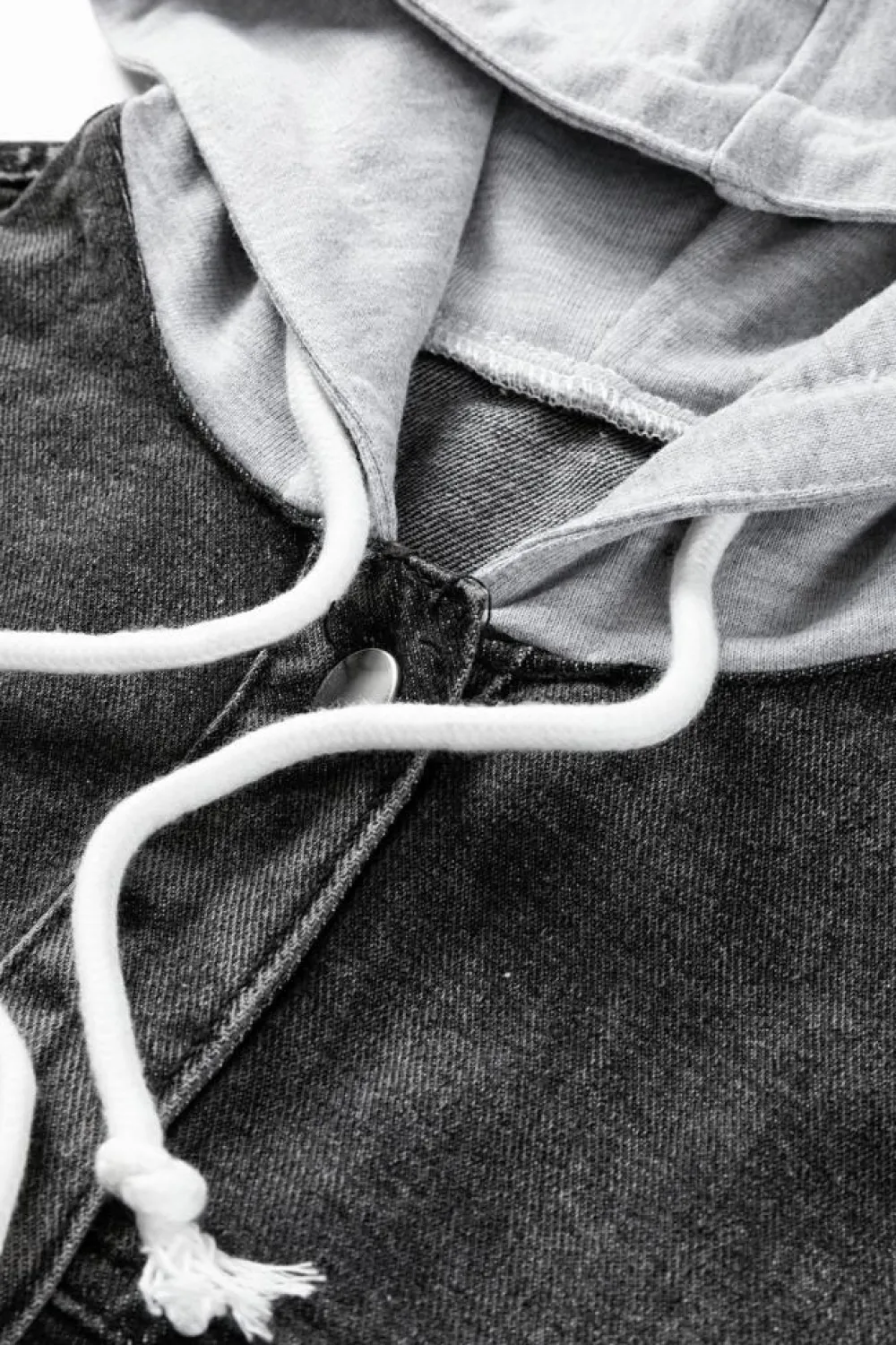 Fashion Dear-Lover Drawstring Hooded Frayed Denim Jacket Black