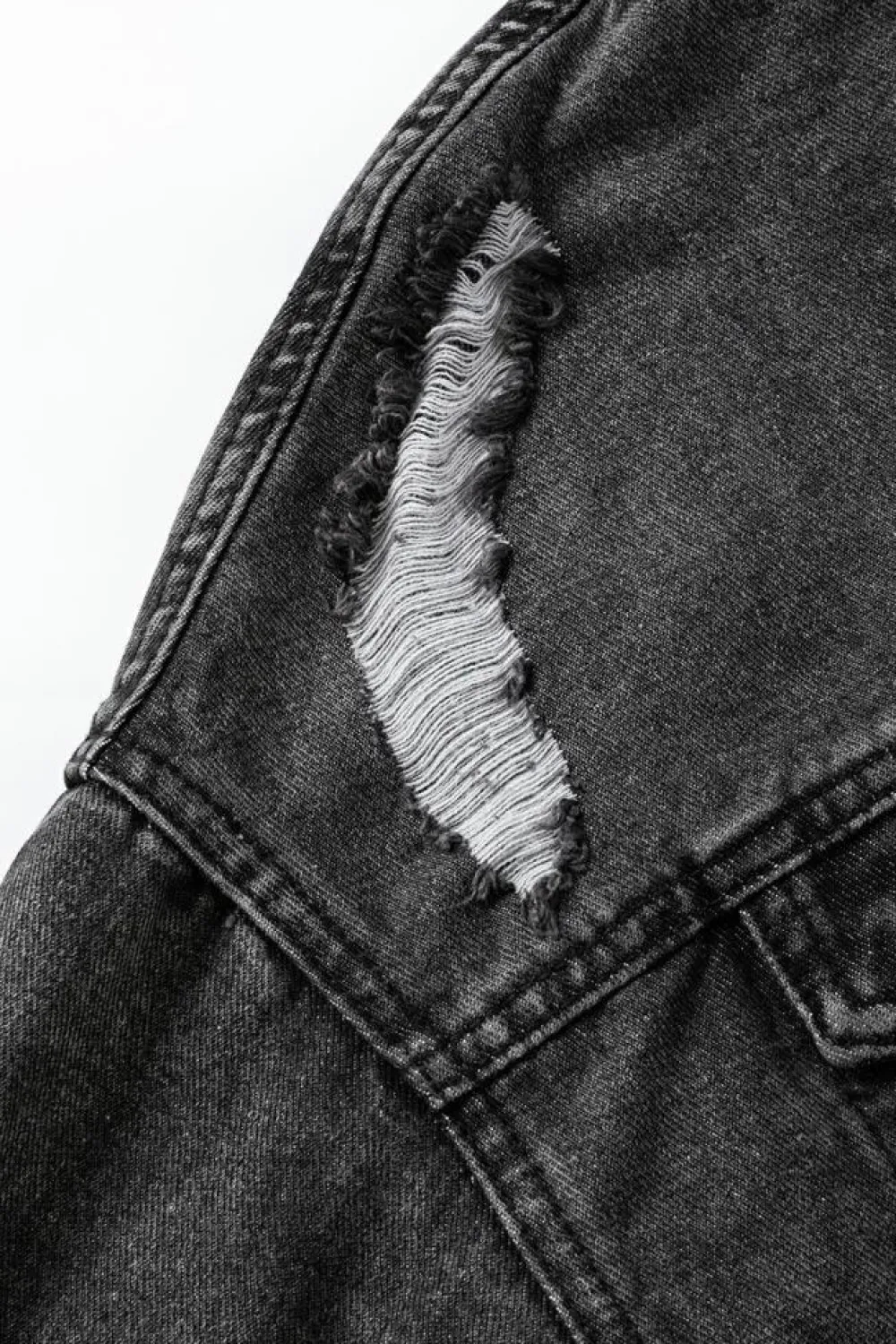 Fashion Dear-Lover Drawstring Hooded Frayed Denim Jacket Black