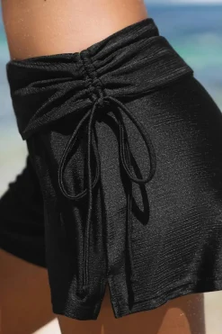 Fashion Dear-Lover Drawstring Ruched High Waist Loose Swim Shorts Black