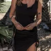 Discount Dear-Lover Drawstring Ruched Side Split Ribbed Midi Dress Black
