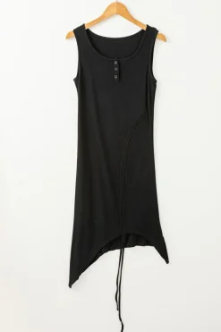 Discount Dear-Lover Drawstring Ruched Side Split Ribbed Midi Dress Black