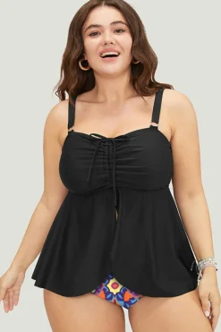 Outlet Dear-Lover Drawstring Tied Front Flared Top Geometric Print Bottom Plus Size Tankinis Black