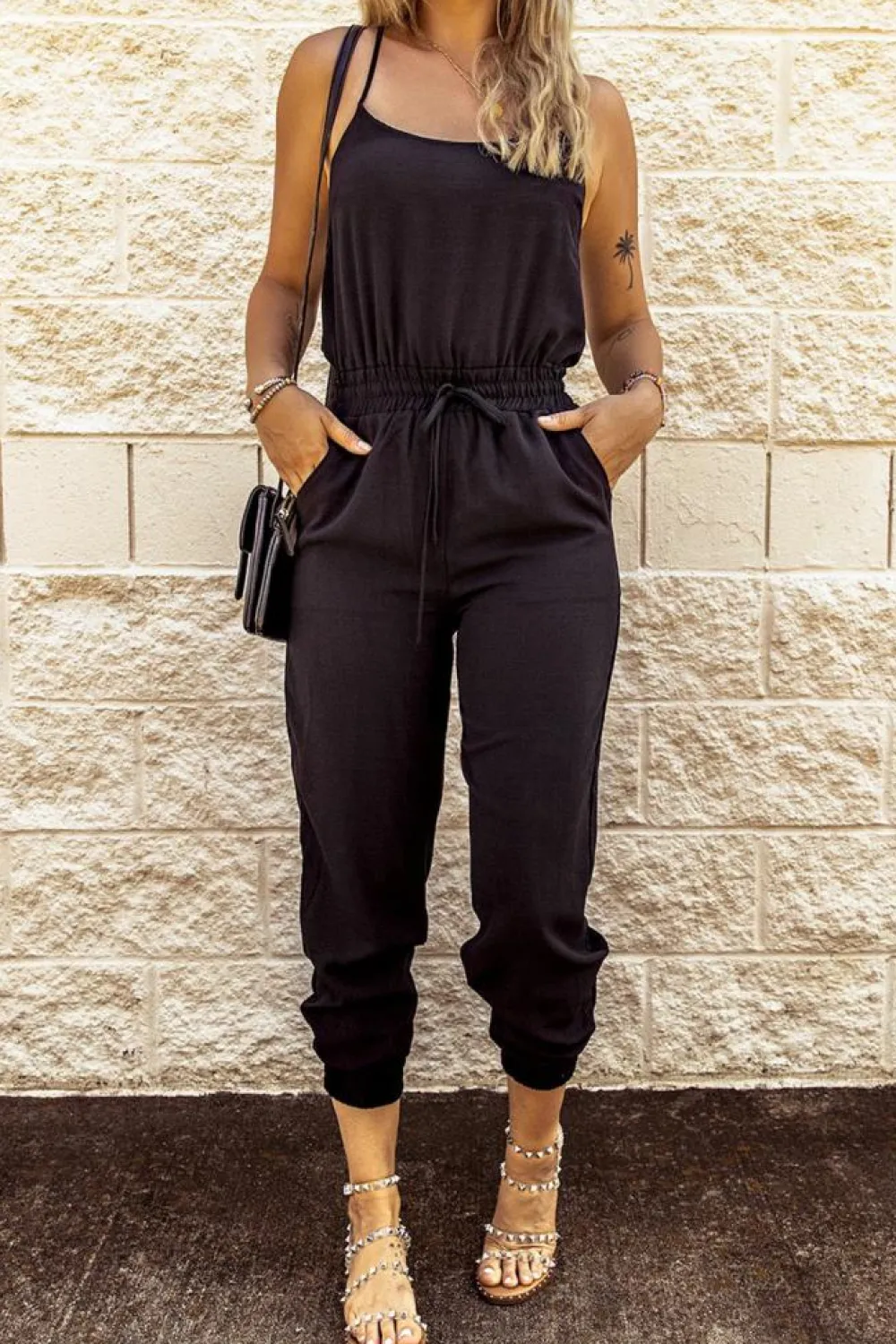 New Dear-Lover Drawstring Waist Spaghetti Straps Jumpsuit Black