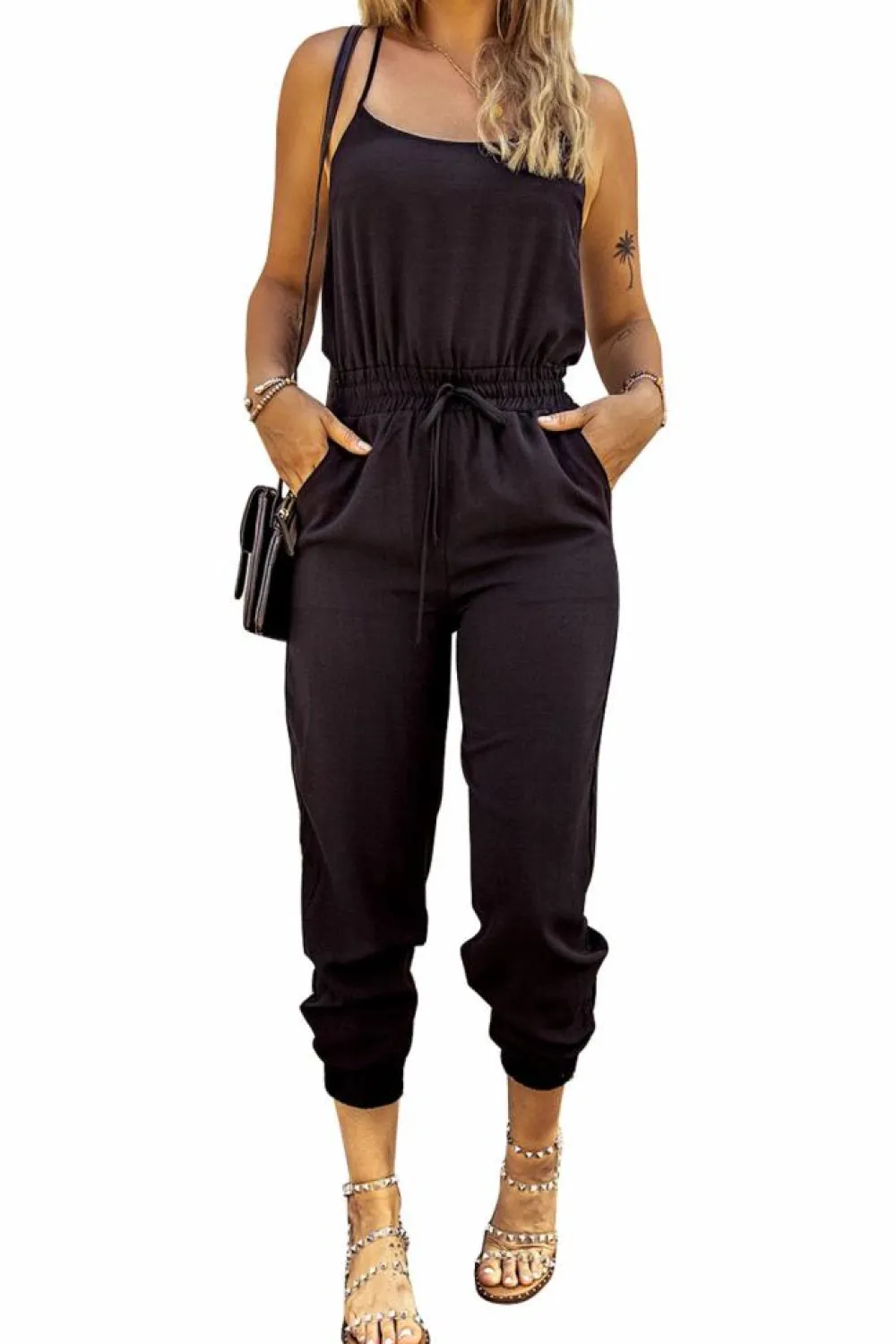 New Dear-Lover Drawstring Waist Spaghetti Straps Jumpsuit Black