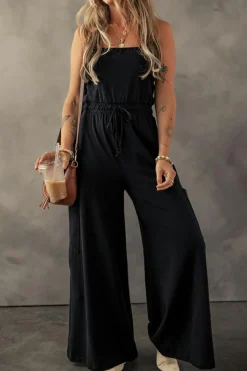 New Dear-Lover Drawstring Wide Leg Cargo Pockets Sleeveless Jumpsuit Black
