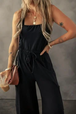 New Dear-Lover Drawstring Wide Leg Cargo Pockets Sleeveless Jumpsuit Black