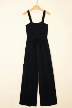 New Dear-Lover Drawstring Wide Leg Cargo Pockets Sleeveless Jumpsuit Black