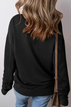 Sale Dear-Lover Drop Shoulder Crisscross Stitching Pocketed Loose Sweatshirt Black