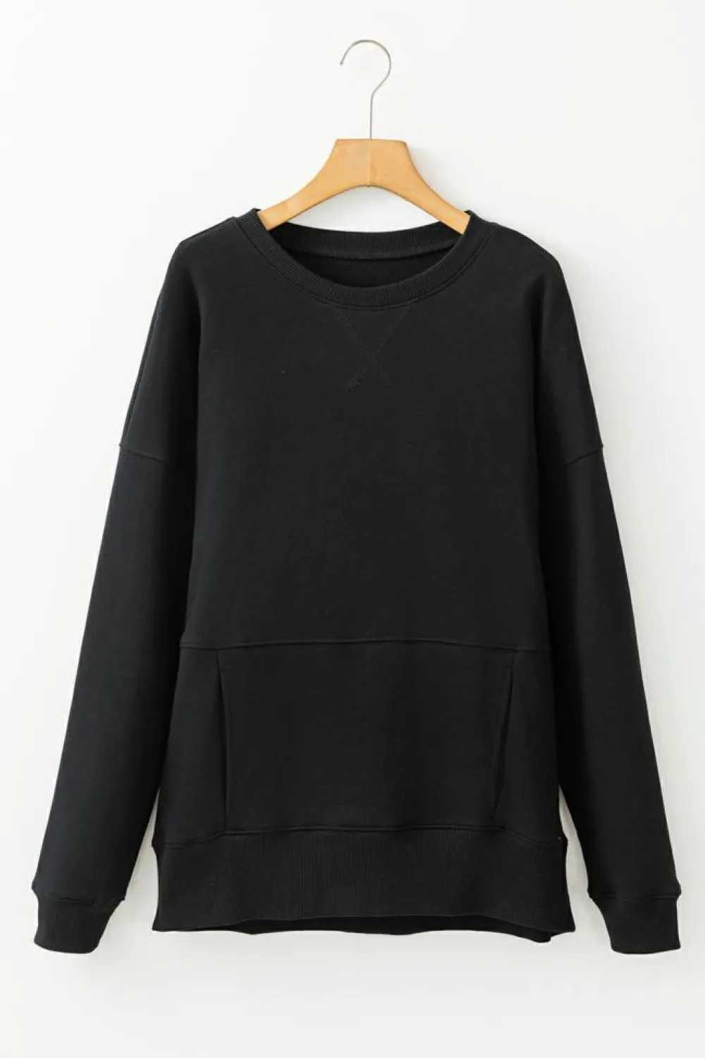 Sale Dear-Lover Drop Shoulder Crisscross Stitching Pocketed Loose Sweatshirt Black