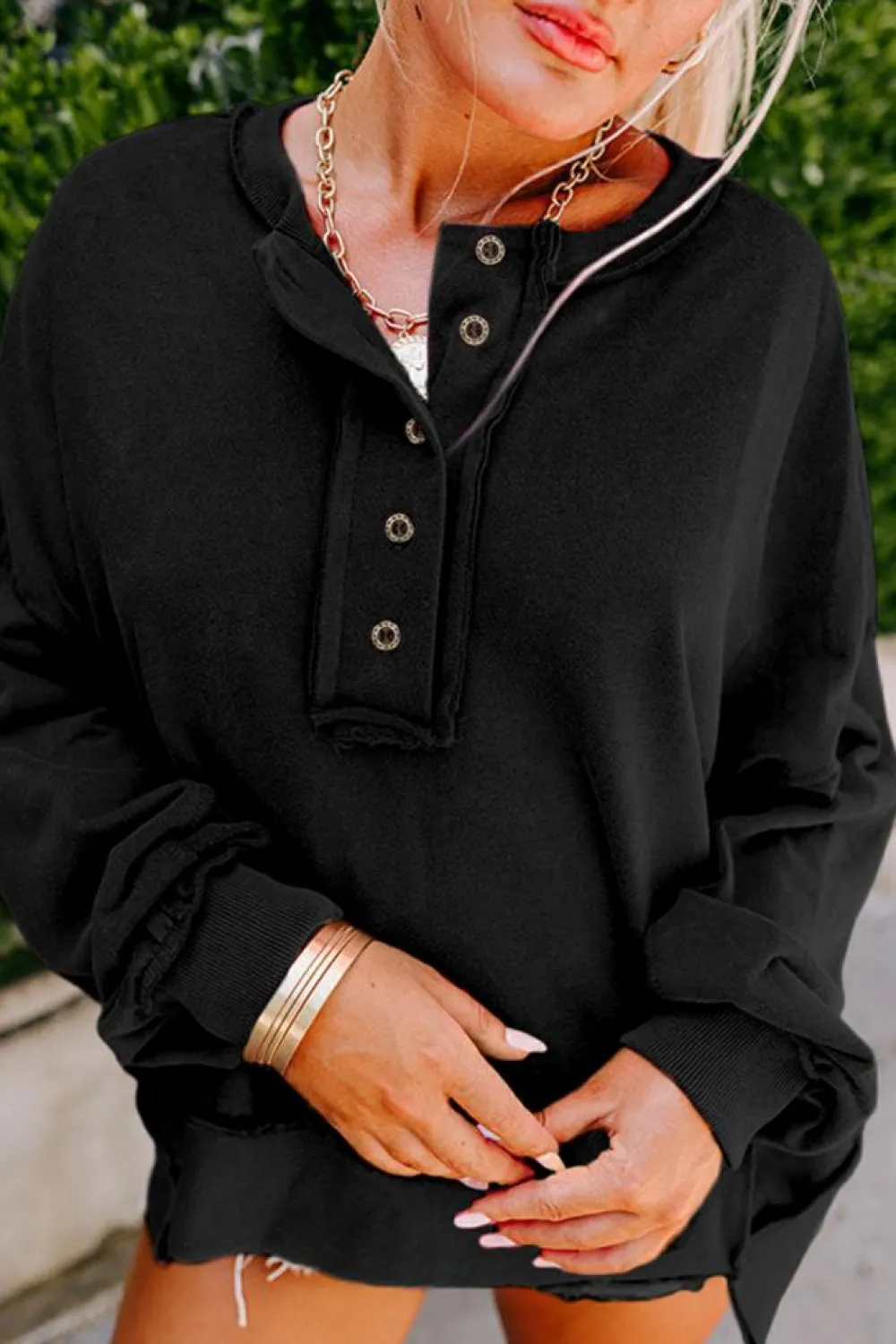 Clearance Dear-Lover Drop Shoulder Henley Buttons Sweatshirt Black