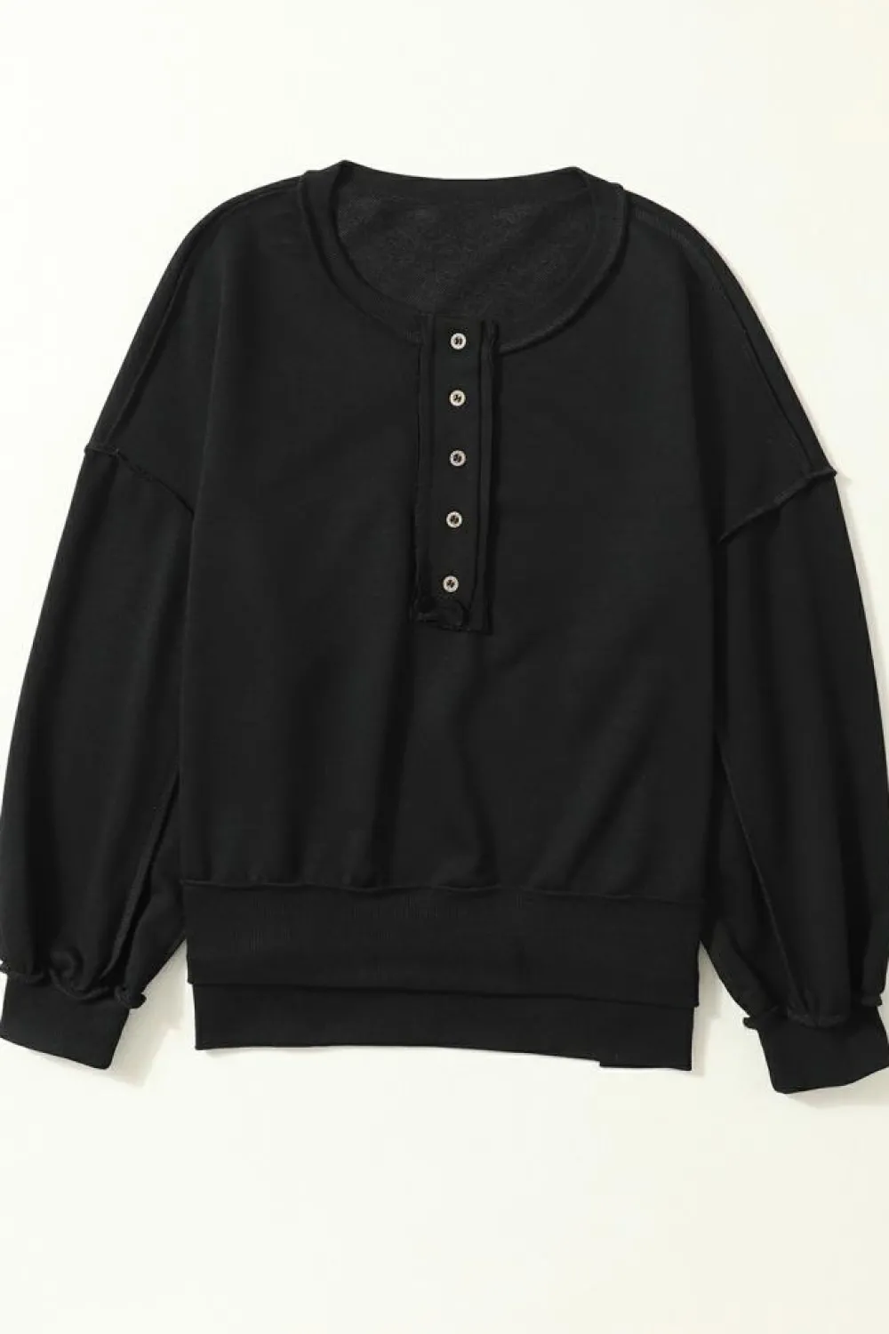 Clearance Dear-Lover Drop Shoulder Henley Buttons Sweatshirt Black