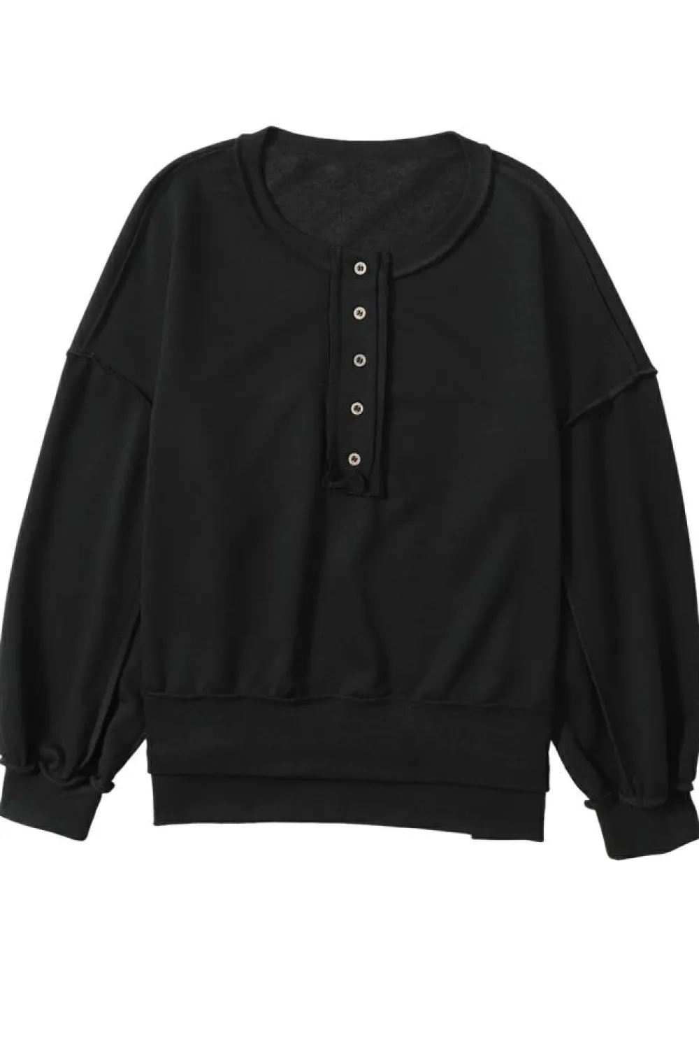 Clearance Dear-Lover Drop Shoulder Henley Buttons Sweatshirt Black