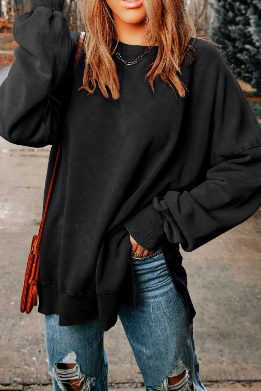 Online Dear-Lover Drop Shoulder Ribbed Trim Oversized Sweatshirt Black