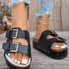 Outlet Dear-Lover Dual Buckle Studded Platform Sandal Slippers Black