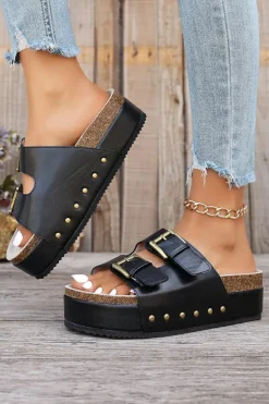Outlet Dear-Lover Dual Buckle Studded Platform Sandal Slippers Black