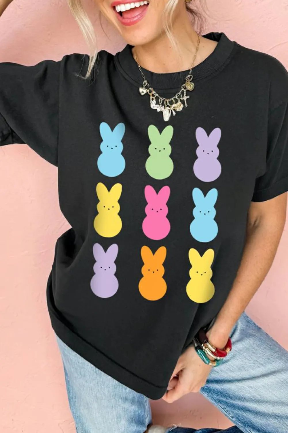 Outlet Dear-Lover Easter Rabbit Print Crew Neck T Shirt Black