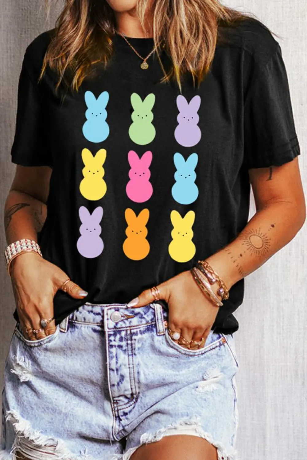 Outlet Dear-Lover Easter Rabbit Print Crew Neck T Shirt Black
