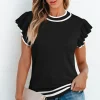 Fashion Dear-Lover Edge Piping Ruffled Sleeve Round Neck Knit T Shirt Black