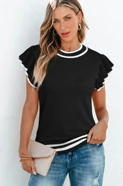 Fashion Dear-Lover Edge Piping Ruffled Sleeve Round Neck Knit T Shirt Black