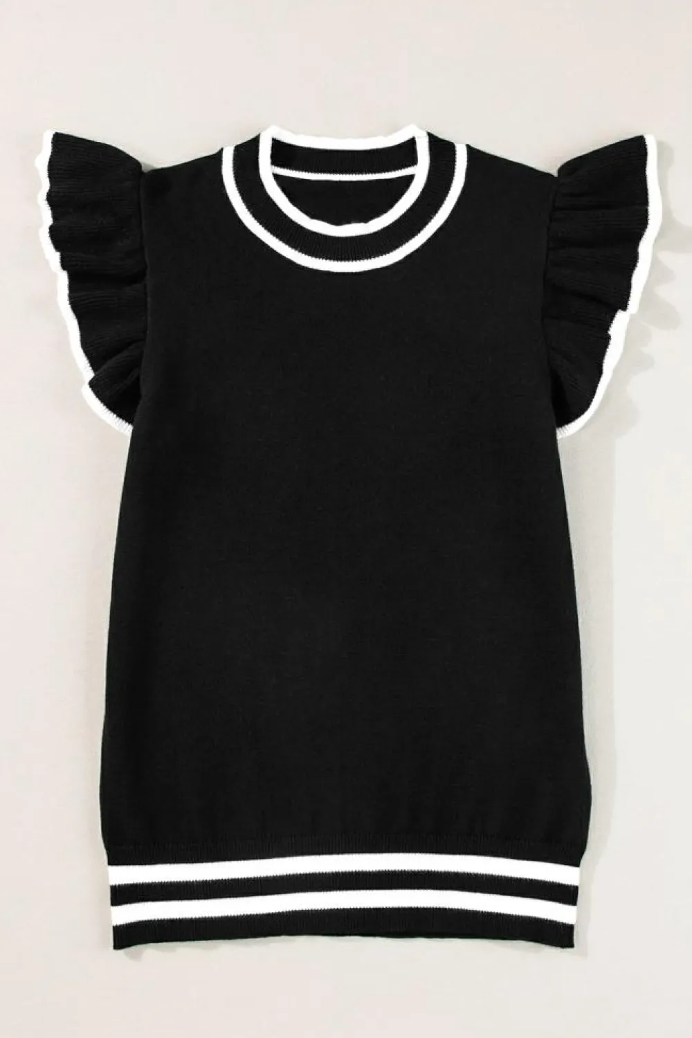 Fashion Dear-Lover Edge Piping Ruffled Sleeve Round Neck Knit T Shirt Black