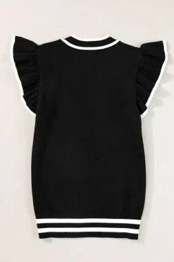 Fashion Dear-Lover Edge Piping Ruffled Sleeve Round Neck Knit T Shirt Black
