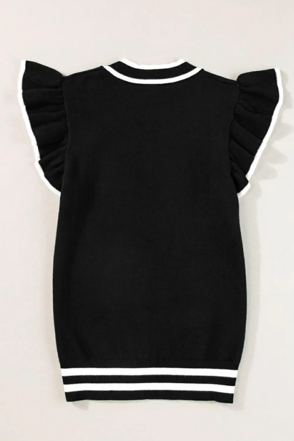 Fashion Dear-Lover Edge Piping Ruffled Sleeve Round Neck Knit T Shirt Black