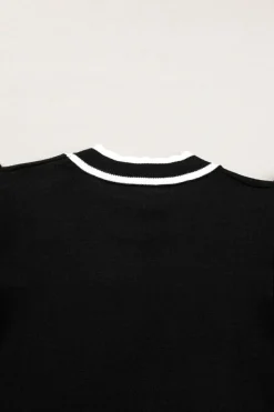 Fashion Dear-Lover Edge Piping Ruffled Sleeve Round Neck Knit T Shirt Black