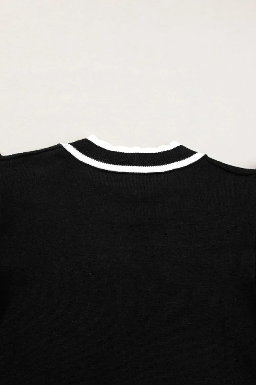 Fashion Dear-Lover Edge Piping Ruffled Sleeve Round Neck Knit T Shirt Black