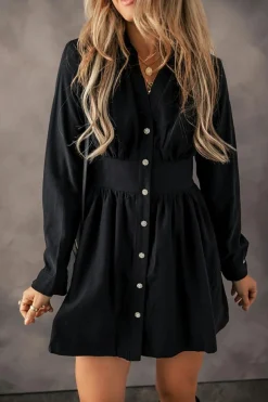 New Dear-Lover Elastic Cinched High Waist Long Sleeve Shirt Mini Dress Black
