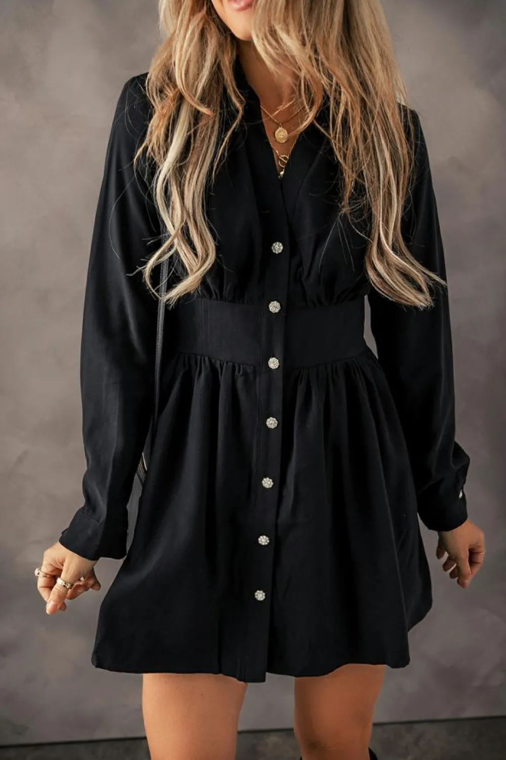 New Dear-Lover Elastic Cinched High Waist Long Sleeve Shirt Mini Dress Black