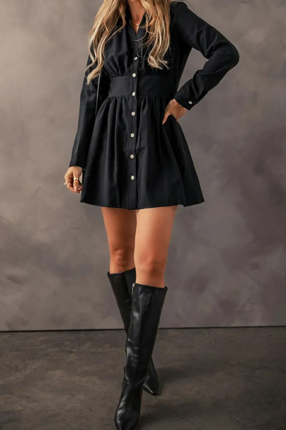 New Dear-Lover Elastic Cinched High Waist Long Sleeve Shirt Mini Dress Black