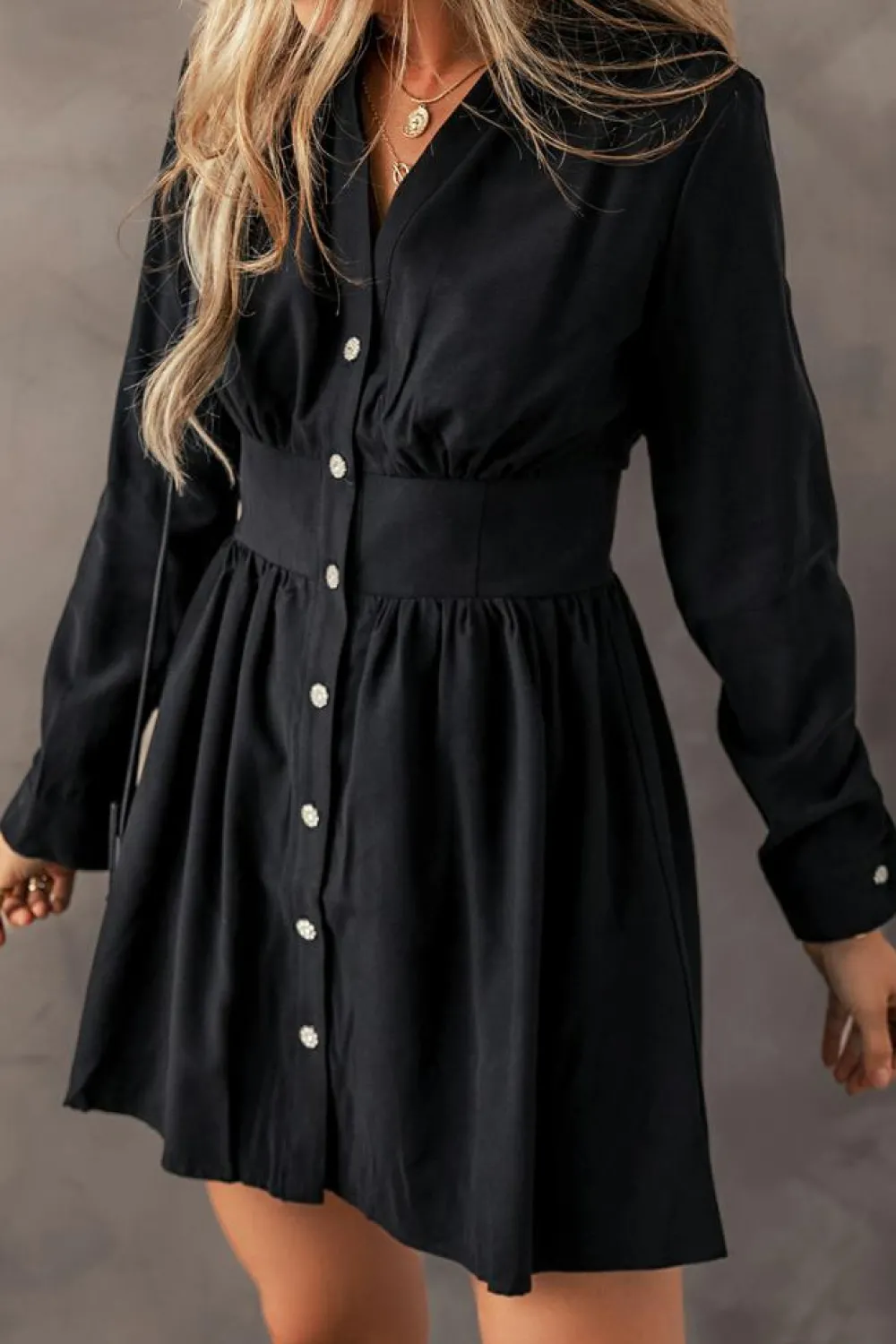 New Dear-Lover Elastic Cinched High Waist Long Sleeve Shirt Mini Dress Black