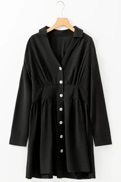 New Dear-Lover Elastic Cinched High Waist Long Sleeve Shirt Mini Dress Black