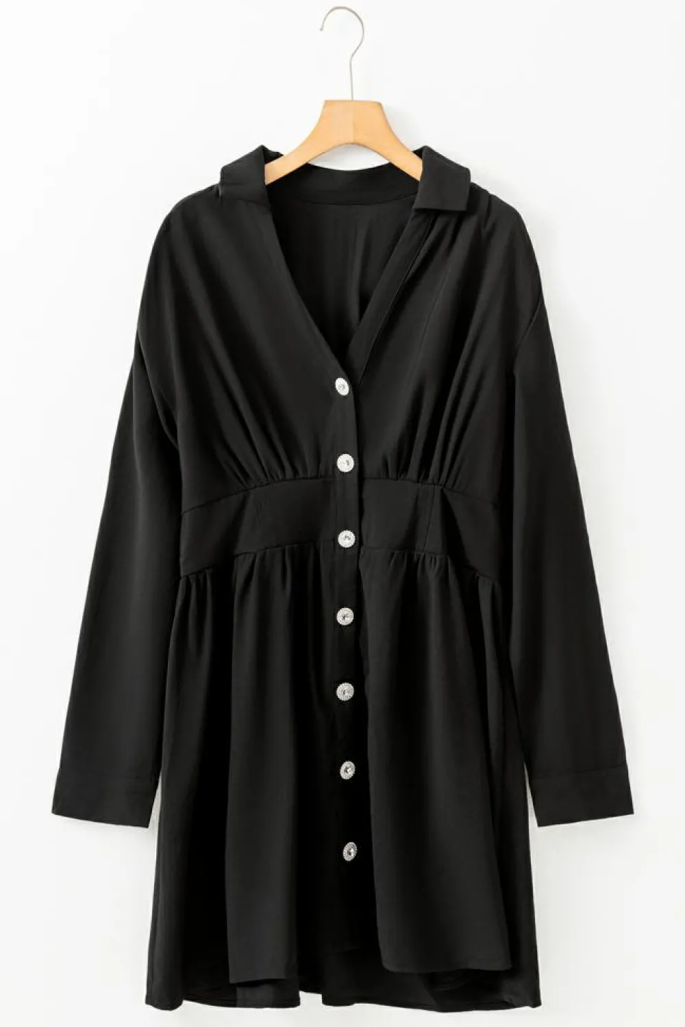 New Dear-Lover Elastic Cinched High Waist Long Sleeve Shirt Mini Dress Black