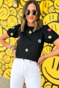 Best Dear-Lover Embroidered Flower Short Puff Sleeve Tee Black