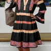 Sale Dear-Lover Ethnic Print Buttoned V Neck Bell Sleeve Ruffle Patchwork Dress Black