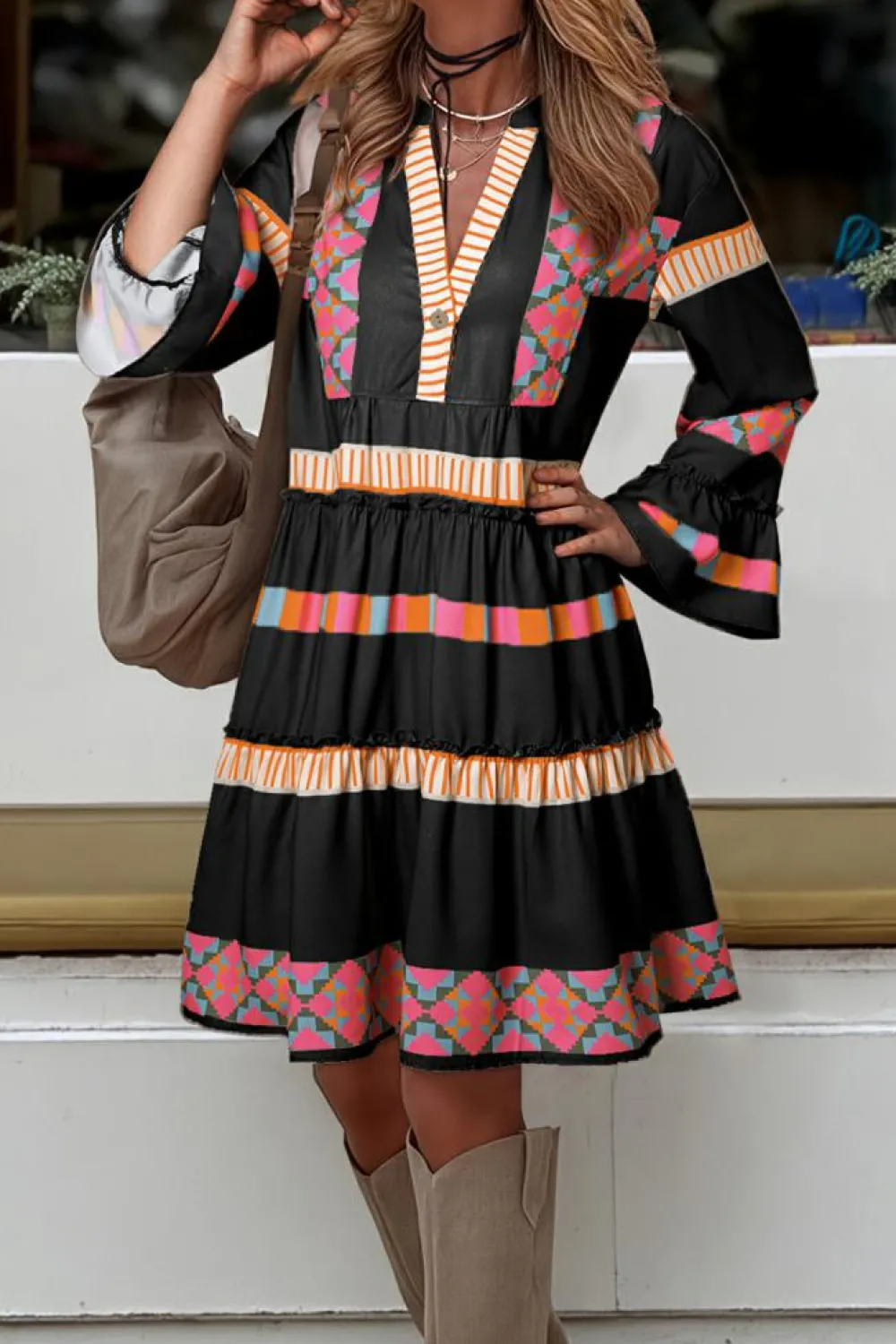 Sale Dear-Lover Ethnic Print Buttoned V Neck Bell Sleeve Ruffle Patchwork Dress Black
