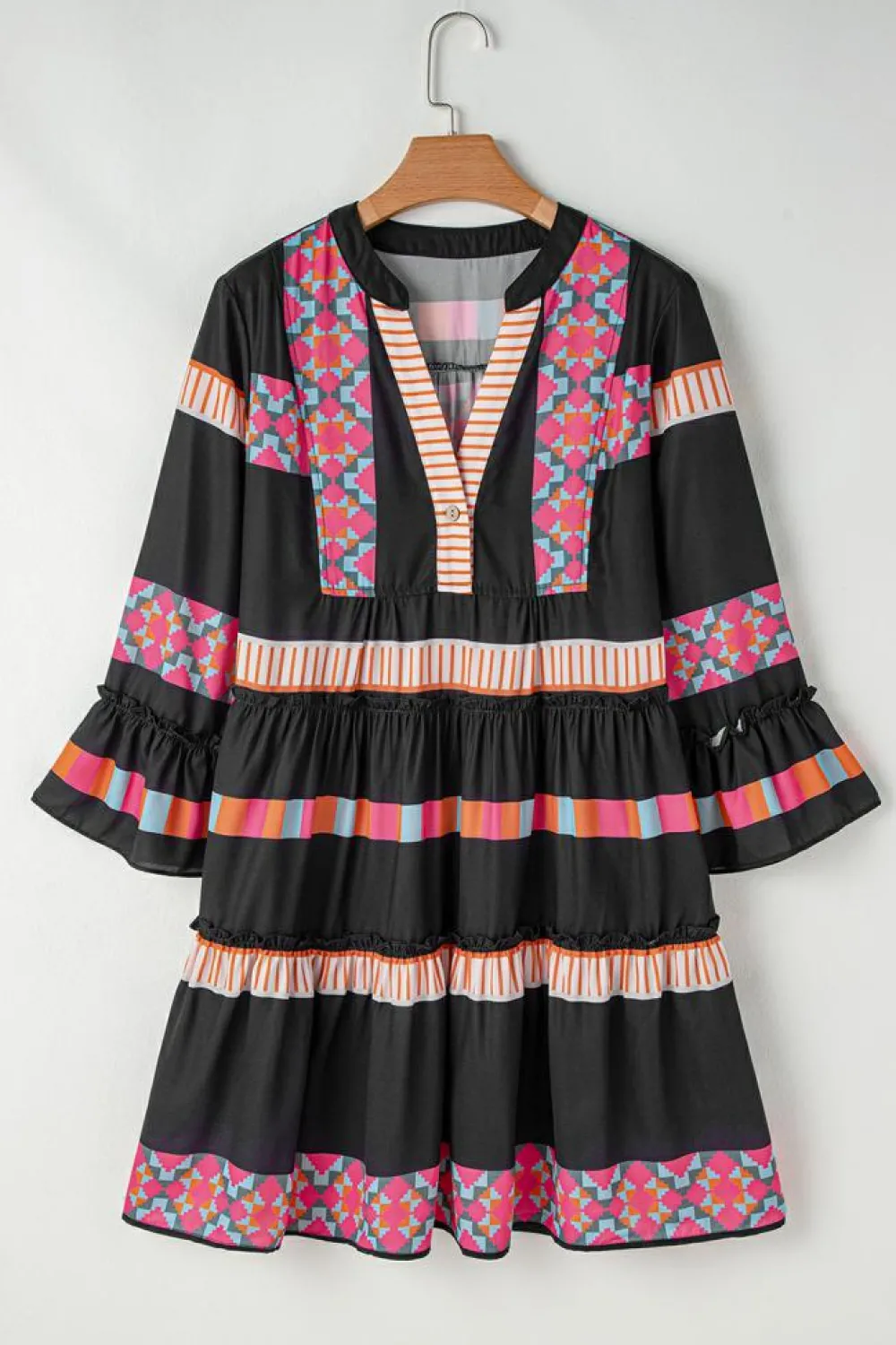 Sale Dear-Lover Ethnic Print Buttoned V Neck Bell Sleeve Ruffle Patchwork Dress Black