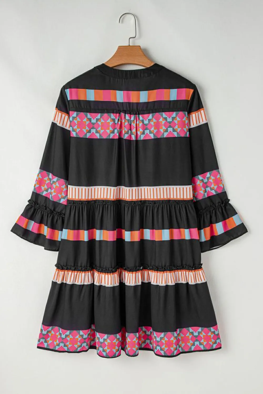 Sale Dear-Lover Ethnic Print Buttoned V Neck Bell Sleeve Ruffle Patchwork Dress Black