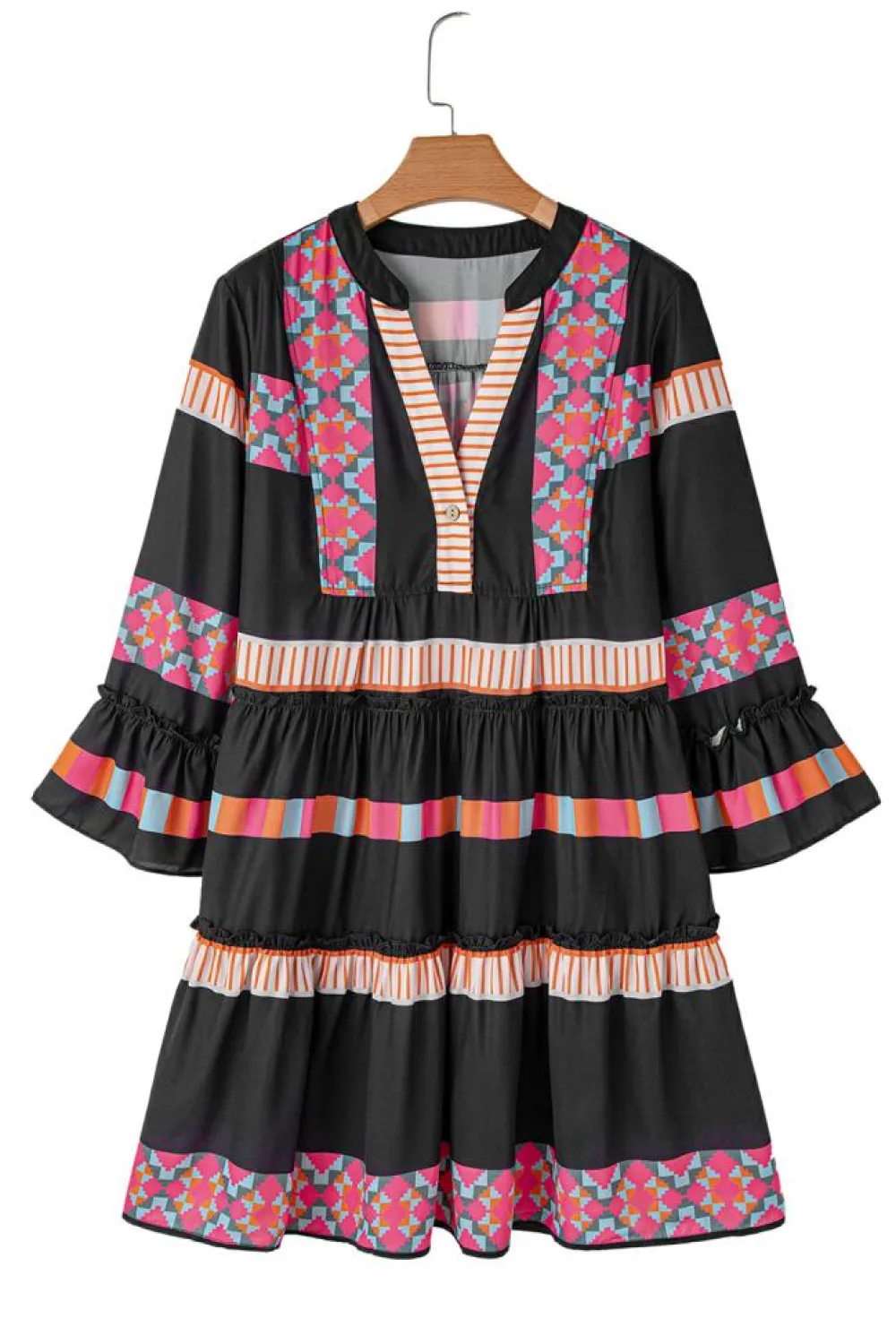 Sale Dear-Lover Ethnic Print Buttoned V Neck Bell Sleeve Ruffle Patchwork Dress Black
