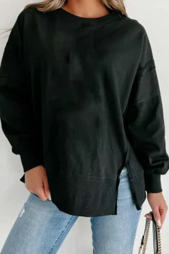 New Dear-Lover Exposed Seam Drop Shoulder Round Neck Sweatshirt with Slits Black
