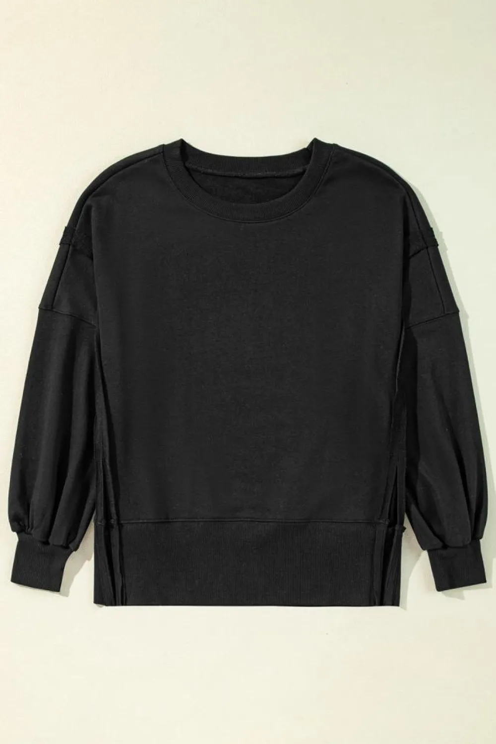 New Dear-Lover Exposed Seam Drop Shoulder Round Neck Sweatshirt with Slits Black