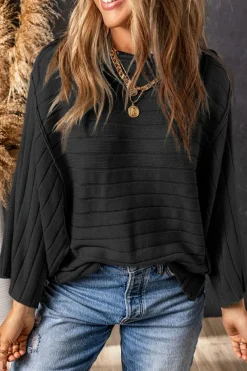 Online Dear-Lover Exposed Seam Ribbed Knit Dolman Top Black