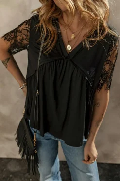 Discount Dear-Lover Eyelash Lace Sleeve V Neck Ruffle Babydoll Top Black
