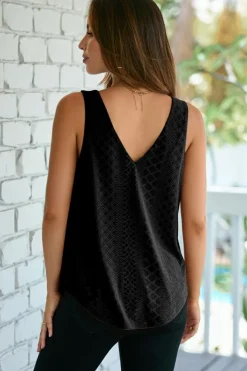 Discount Dear-Lover Eyelet Knit Patterned Loose V Neck Tank Top Black