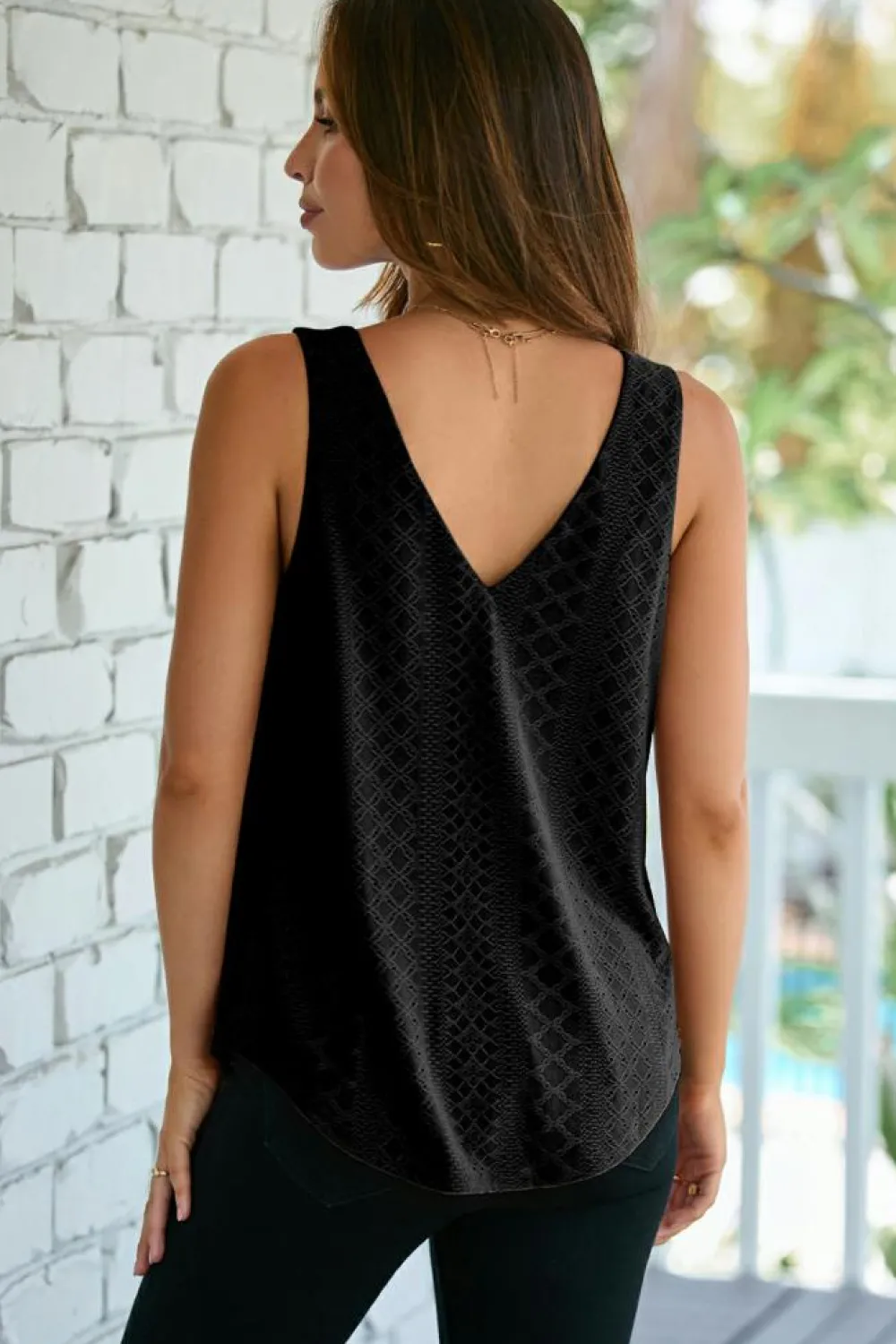 Discount Dear-Lover Eyelet Knit Patterned Loose V Neck Tank Top Black