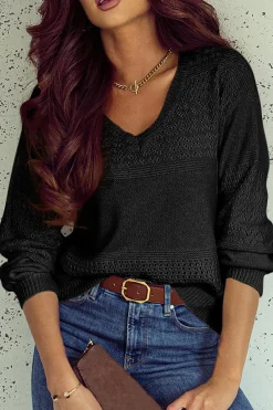 Outlet Dear-Lover Eyelet Pattern Detail V Neck Drop Shoulder Sweater Black