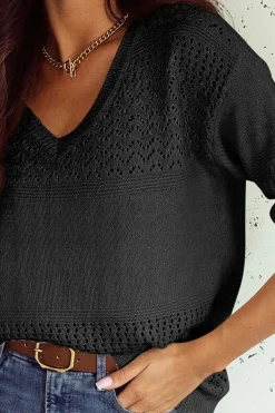 Outlet Dear-Lover Eyelet Pattern Detail V Neck Drop Shoulder Sweater Black